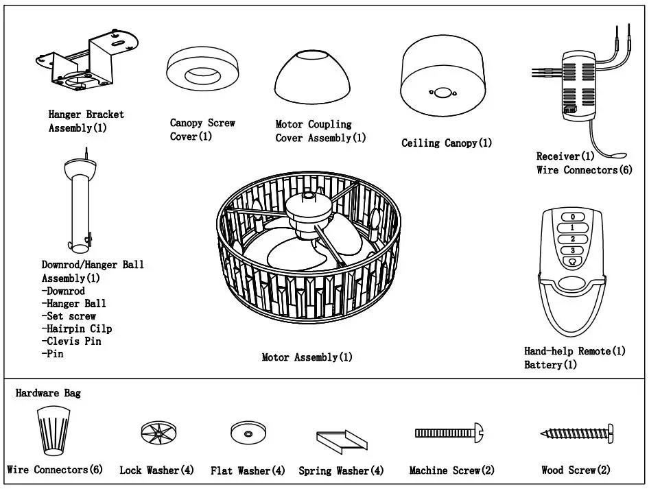 Breezary 23002-BLK 22 Inch Ceiling Fan Instruction Manual - Package Contents
