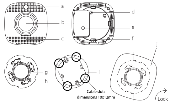 Step 1. Place the smoke detector at the desired mounting location and use the Range Test function to make sure the smoke detector can be detected by the control panel where it has been placed. Step 2. A mounting sheet is included in the package. The illustration size equals the smoke detector’s actual size and the perforated design allows for easy removal after installation. Step 3. Position the sheet tightly against the wall/ceiling and use the four holes as a template to drill holes and insert wall plugs in the wall/ceiling if so required. Step 4. Place the mounting bracket on top of the mounting sheet and screw it onto the wall/ceiling. NB! If used with cable channels mount the adapter with bracket mounted on the bottom. Step 5. Connect Live and Neutral to the wago included in the packaging and place the connections in grove disigned to flush mount the connections. Step 6. The smoke detector has four notches on its back cover. Gently align the four notches on the smoke detector with the hooks on the mounting bracket. Rotate clockwise to lock the hook. Step 7. Turn on the backup battery of device by turning the switch mounted inside the device from OFF to ON. Step 8. Installation is now complete. You may now tear off the mounting sheet. Turn on fuse to provide power for the device.