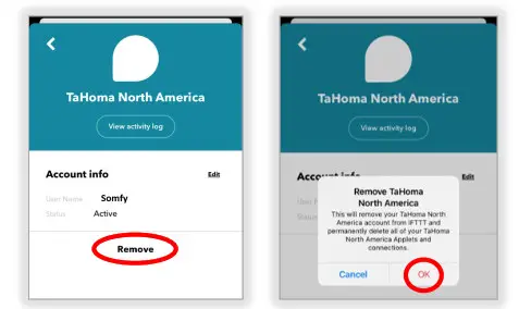 sOmfy IFTTT Tahoma RTS Zigbee Smartphonr and Tablet- Remove