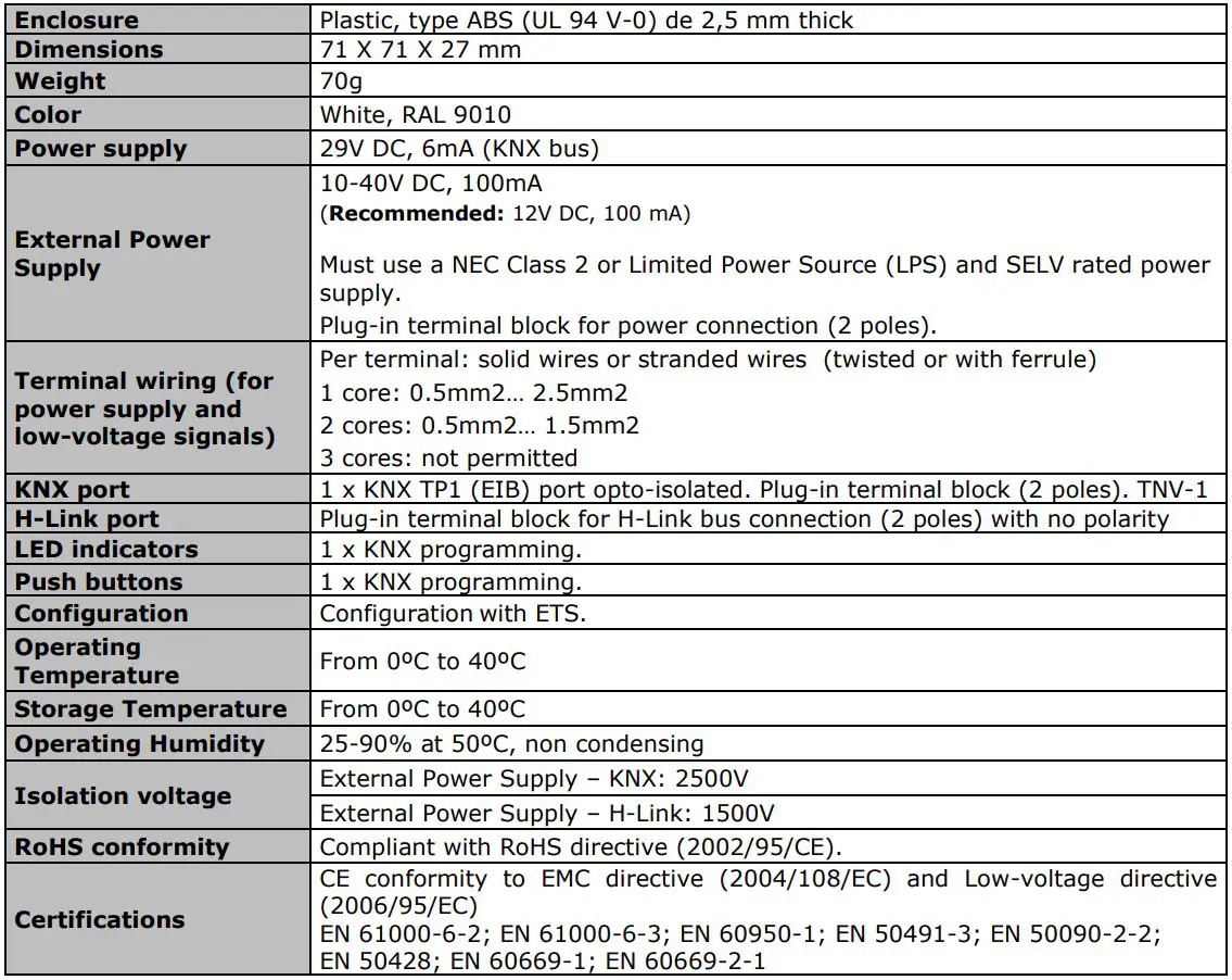 Intesis Interface for the integration of Hitachi’s Air-to-Water units User Manual - Technical Specifications