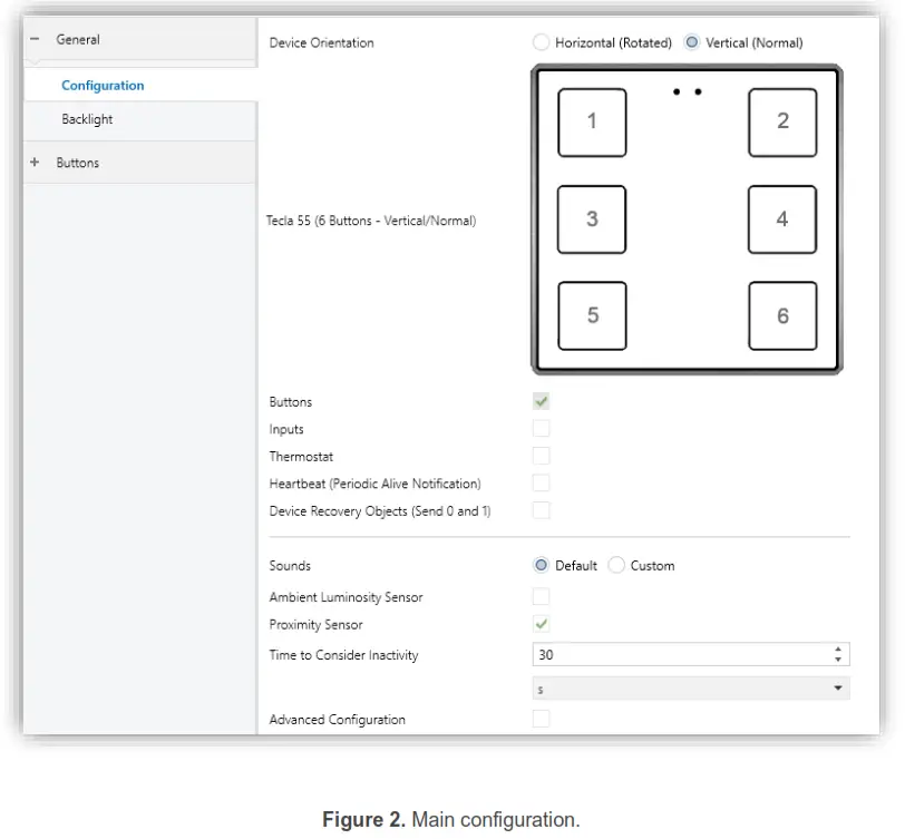 Zennio Tecla 55 PC ABS Capacitive Push Button of 55x55 - Figure 2. Main configuration. .