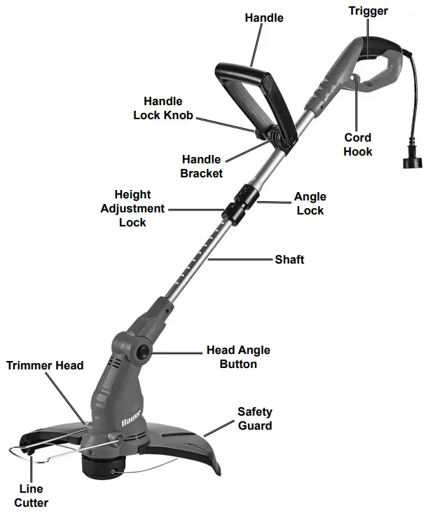 HARBOR FREIGHT 20115E-B Bauer Corded 5.5 Amp 15 Inch String Trimmer - Functions