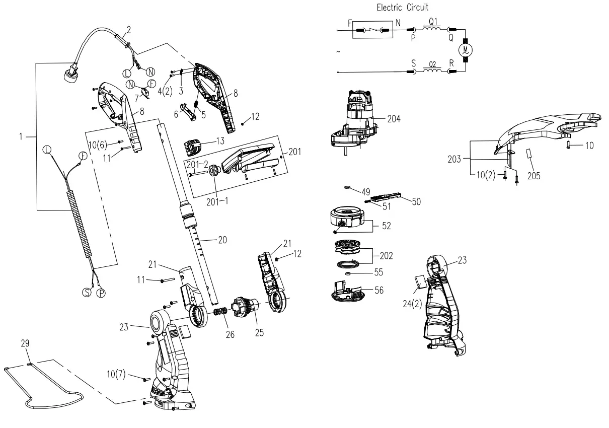HARBOR FREIGHT 20115E-B Bauer Corded 5.5 Amp 15 Inch String Trimmer - assembly Diagram