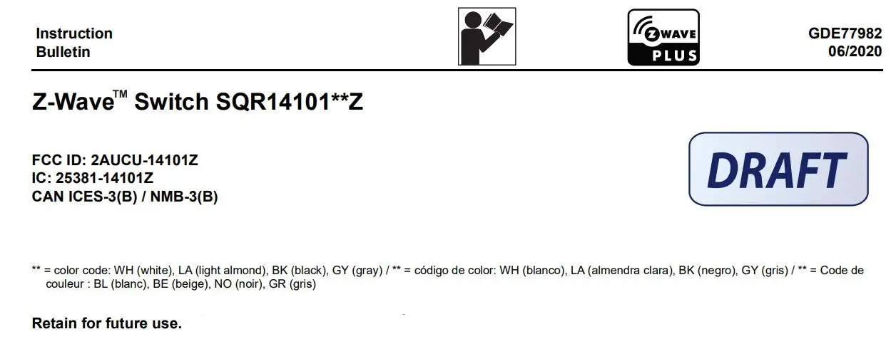 SQUARE D SQR14101BKZ Z-wave Auxillar Rocker Switch Instructions
