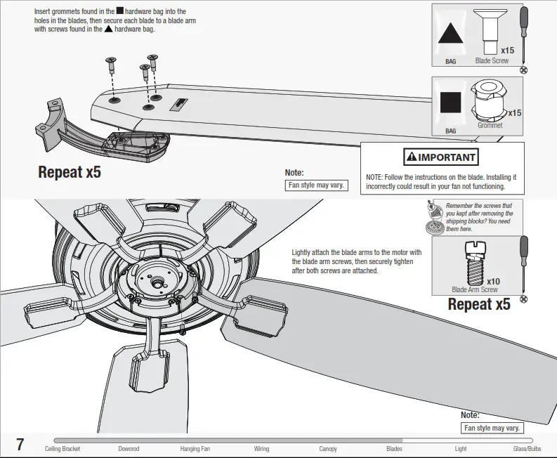 Hunter 50310 52 LED Hartland Ceiling Fan - Installing the Blades