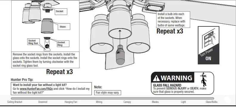 Hunter 50310 52 LED Hartland Ceiling Fan - Installing the Bulbs and Glass