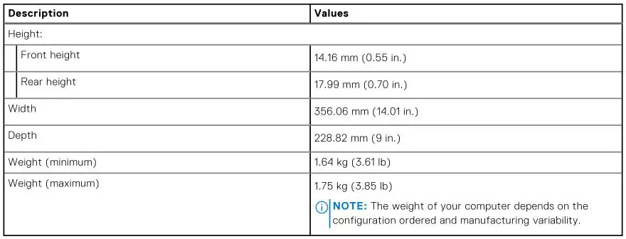 DELL Laptop Vostro 15 5510 - Table 3. Dimensions and weight