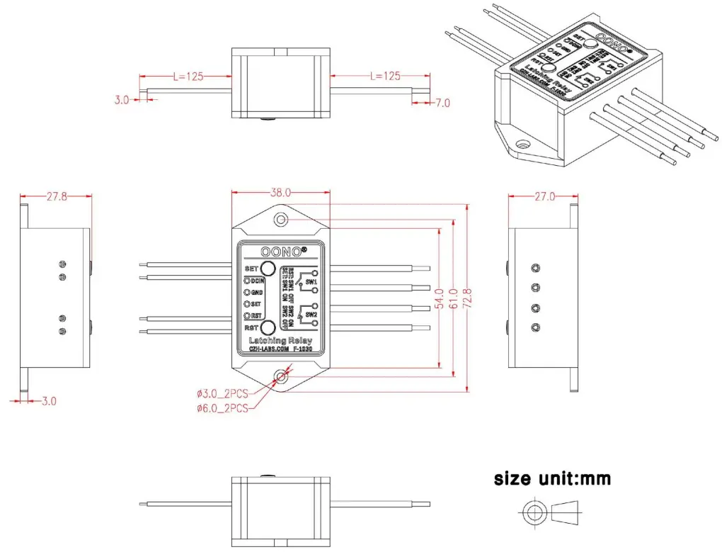 OONO F 1030 Series DPST 1NO 1NC 8Amp Latching Relay Module - Dimensions