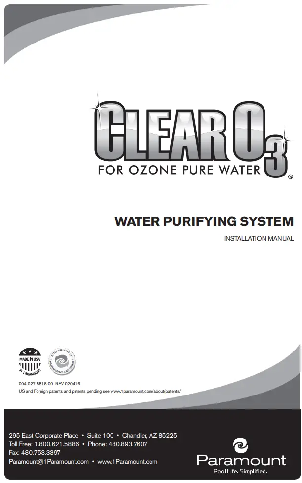 Paramount 4402388000 Clear O3 for Ozone Pure Water Installation Guide