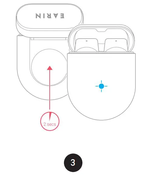 EARIN A-3 True Lightweight Wireless Earbuds - Open case, press button 2 seconds for pairing mode, LED turns blue