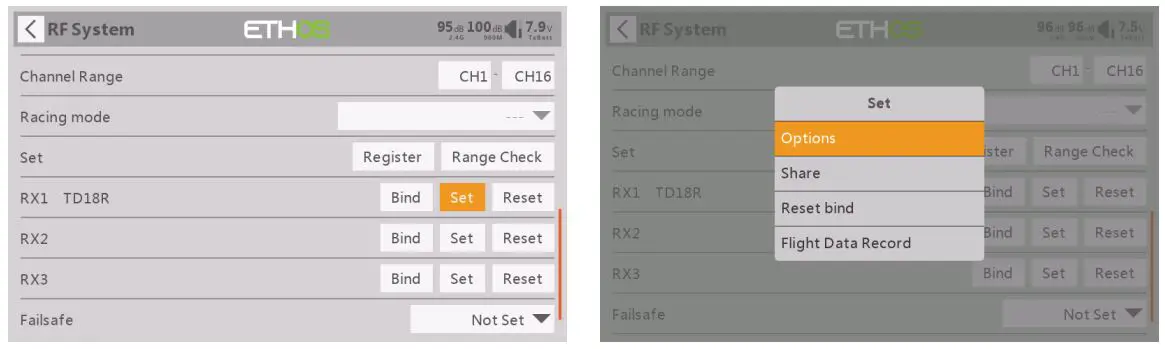 FrSky TD R18 2.4G 900M Tandem Dual Band Receiver - For TANDEM X20 as an example, please select RF System, click [RX1 TD18R]-[Set]-[Options].