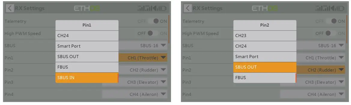 FrSky TD R18 2.4G 900M Tandem Dual Band Receiver - You will enter into RX Settings,then function definition of every single pin (pin1-pin18) could be set.