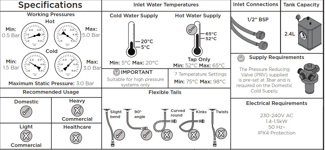 BRISTAN GLL RAPSNK3 SF C Gallery Rapid Boiling 3 in 1 ScaleFilter Sink Mixer Chrome- Specifications