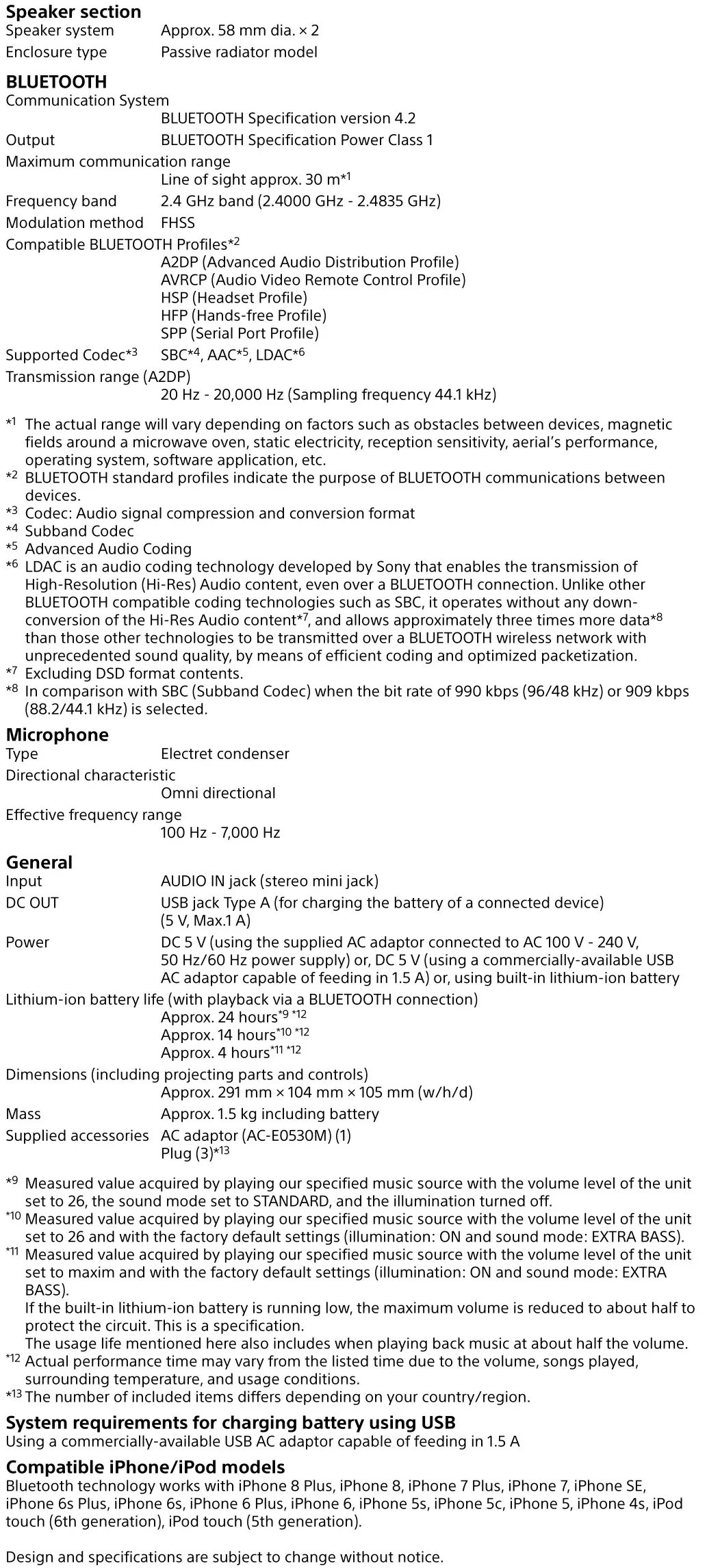 SONY Wireless Speaker - Specifications