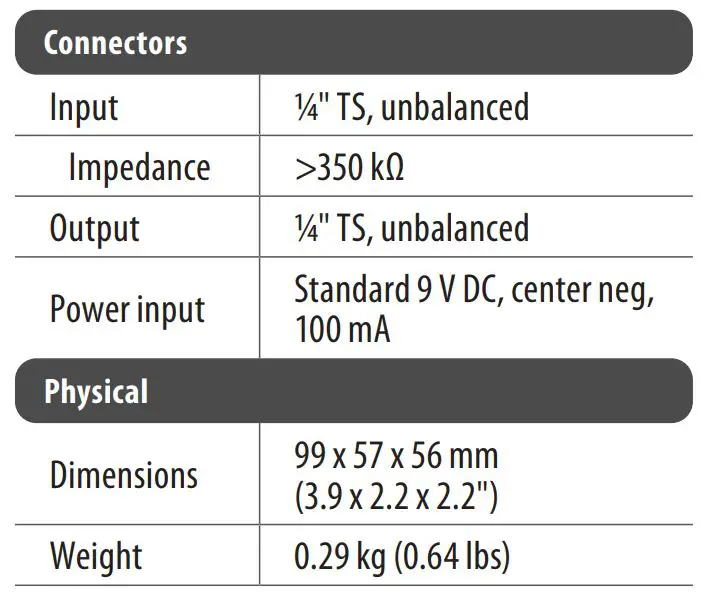 tc electronics SKYSURFER MINI REVERB - Specifications