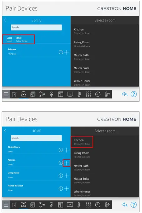 sOmfy Crestron Home Tahoma RTS Smart Shading- DEVICE TO ROOM 1