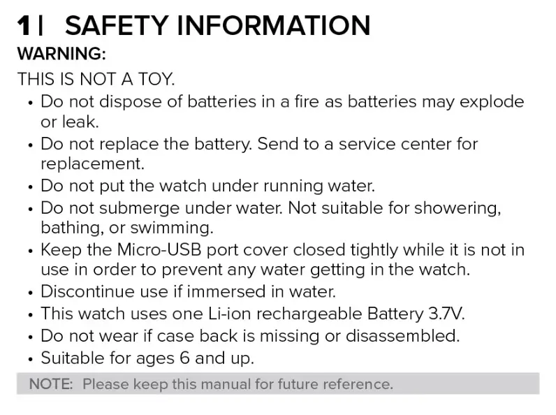 Accutime Kids Interactive Watch - Safety Info: Warning