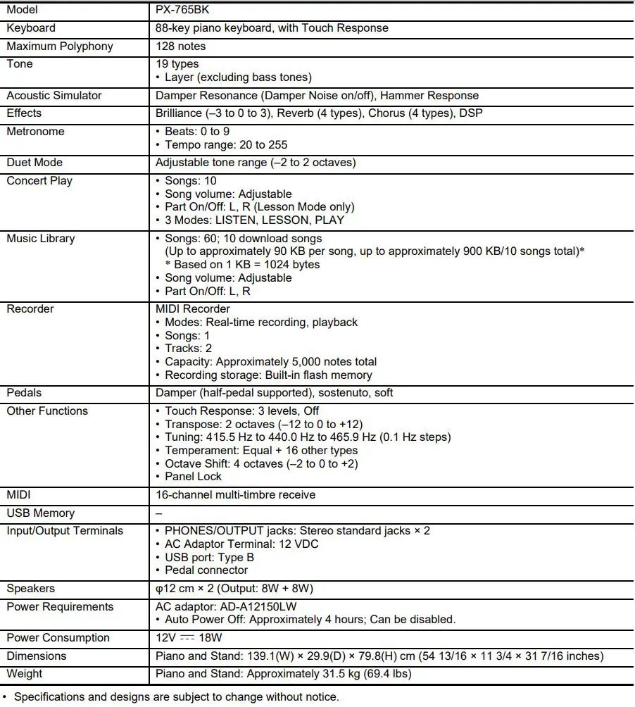 CASIO Privia PX-765 Digital Piano User Guide - Product Specifications