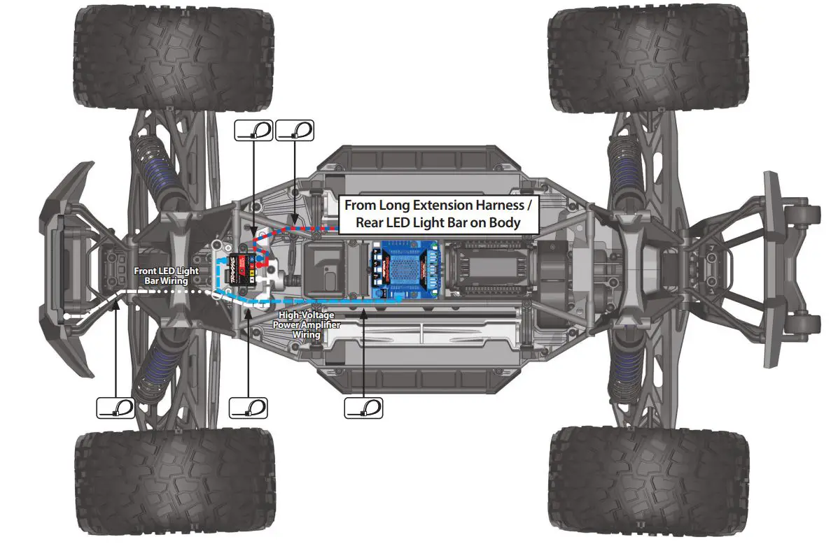 Electronic 7885 X-Maxx LED Light Bar Kit Instruction Manual - Use the supplied zip ties to secure all wiring to the chassis