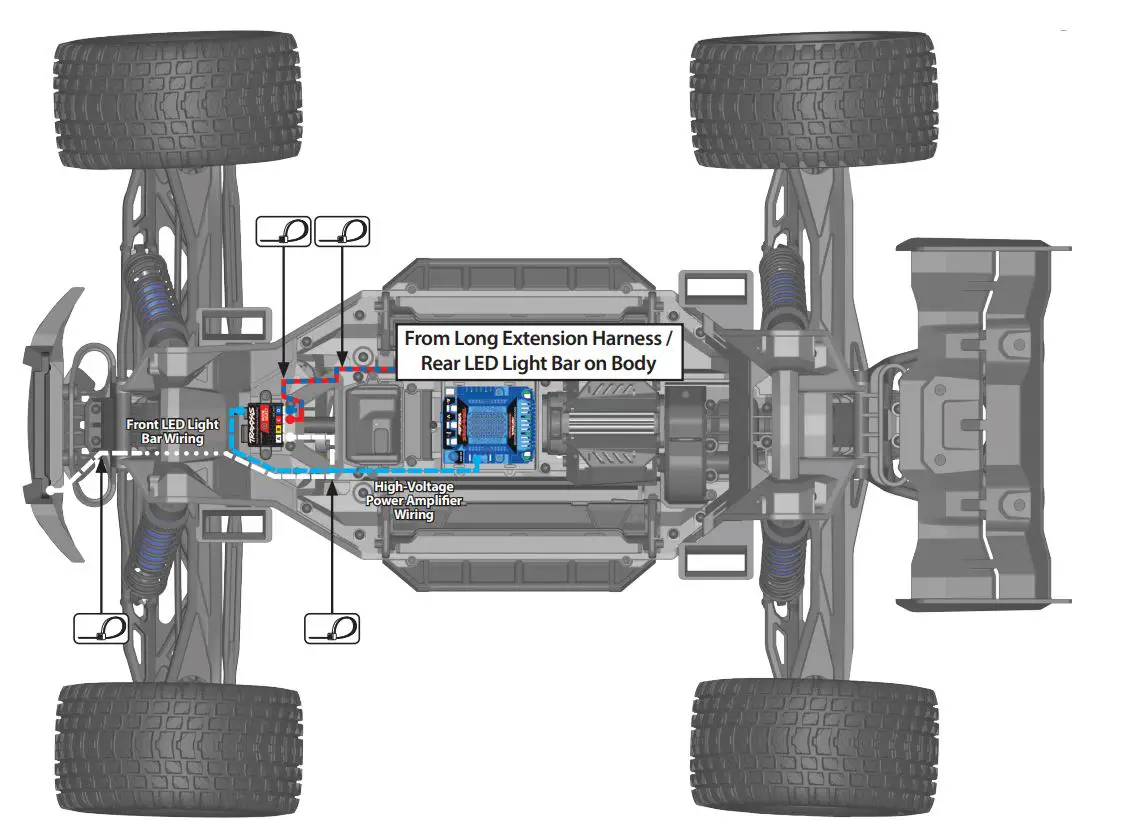 Electronic 7885 X-Maxx LED Light Bar Kit Instruction Manual - Use the supplied zip ties to secure all wiring to the chassis