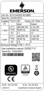 EMERSON EVH Series - MODEL NAMEPLATE