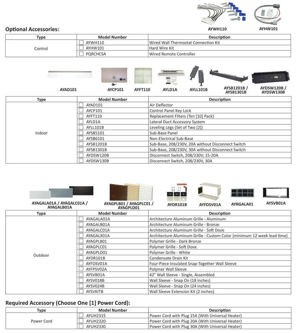 LG LP073IHP 208-230V Inverter Heat Pump - Optional Accessories