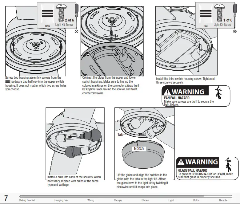 Hunter 50282 Dempsey 44 Inch Brushed Nickel Fan - Assembling the Light Kit