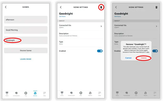 sOmfy Amazon Alexa Tahoma RTS Zigbee Smartphone - DELETE A SCENE