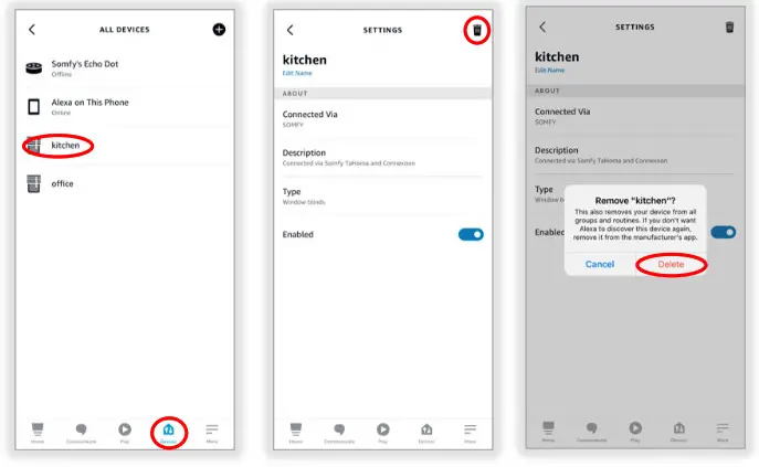 sOmfy Amazon Alexa Tahoma RTS Zigbee Smartphone - DELETE AN RTS SHADE