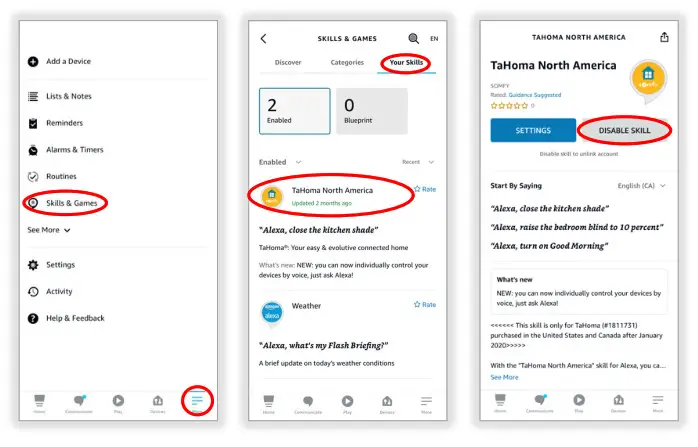 sOmfy Amazon Alexa Tahoma RTS Zigbee Smartphone - DISABLE SKILLS