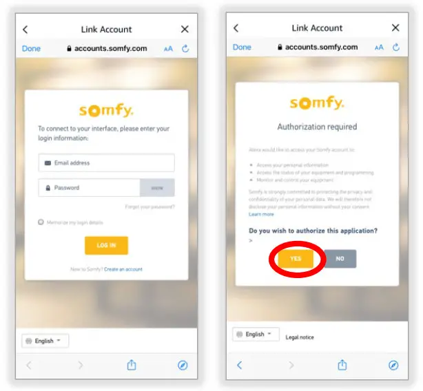 sOmfy Amazon Alexa Tahoma RTS Zigbee Smartphone- LOG IN