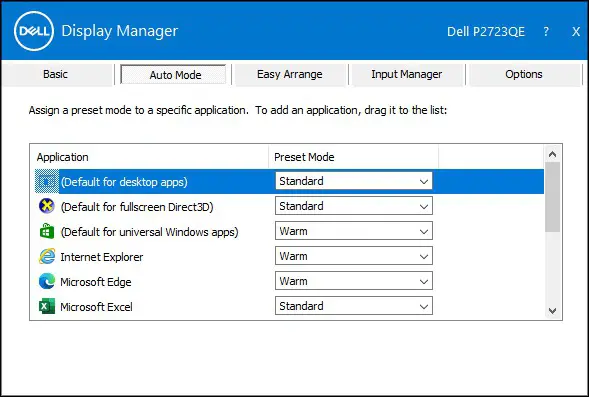 DELL P2723QE 27 Inch 4K USB C Hub Monitor - Assigning Preset Modes to Applications