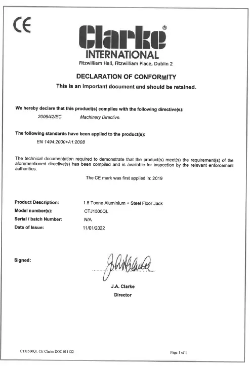 Clarke CTJ1500QL 1.5 Tonne Trolley Jack FIG 7