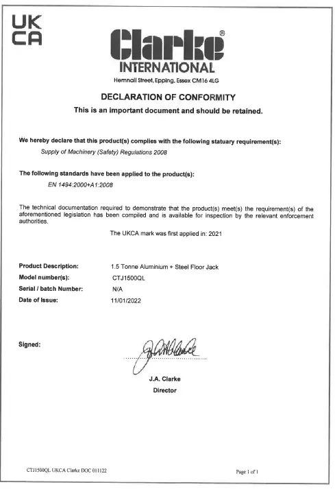 Clarke CTJ1500QL 1.5 Tonne Trolley Jack FIG 8