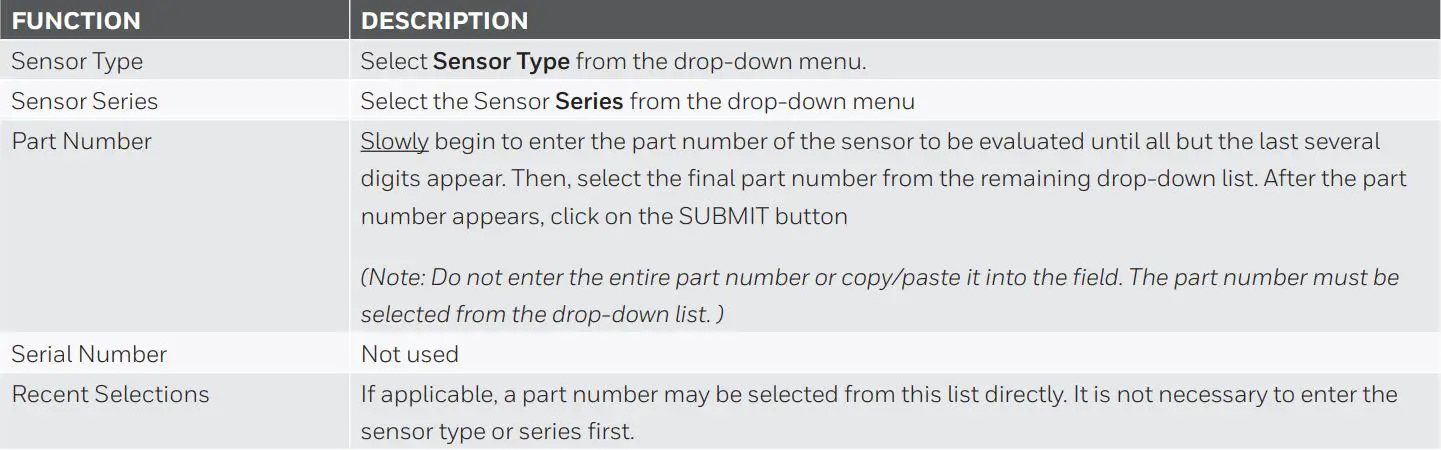Honeywell FSS-SMT Sensor Evaluation Board Instructions - SENSOR SELECTION PANEL SCREEN FUNCTIONS