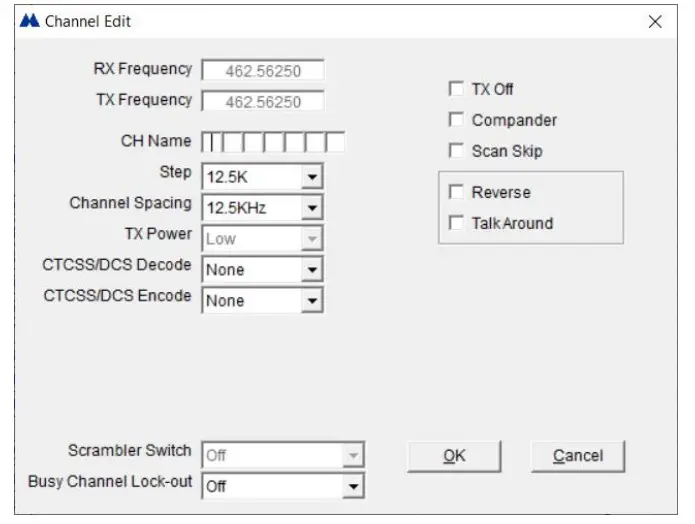 MIDLAND MXT500 PC Software - Channel Edit Screen