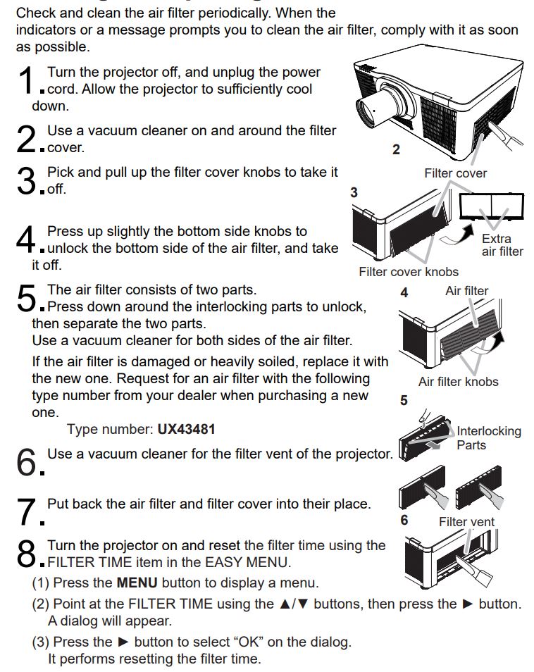 concise LCD Projector User Manual - Cleaning and replacing the air filter