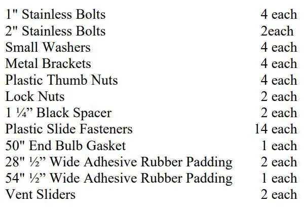 FALCON RIDGE CF-1000-WD05 CF Moto U-Force 1000 Full Aero-Vent Polycarbonate Windshield Instruction Manual - Check over the parts included in the cartons with the parts