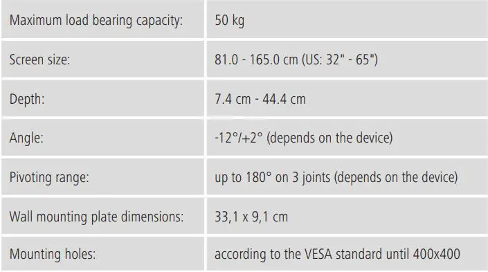 hama 00118056 TV Wall Bracket Instruction Manual - specifications