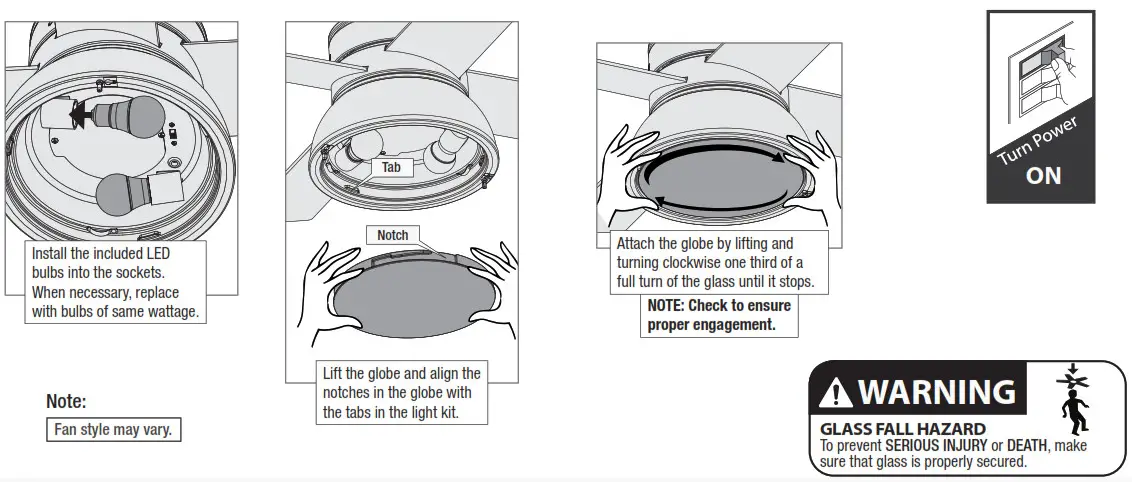 Hunter 51139 Lilliput 44 Inch Matte Black LED Indoor Ceiling Fan with Light - Installing the Bulbs and Glass
