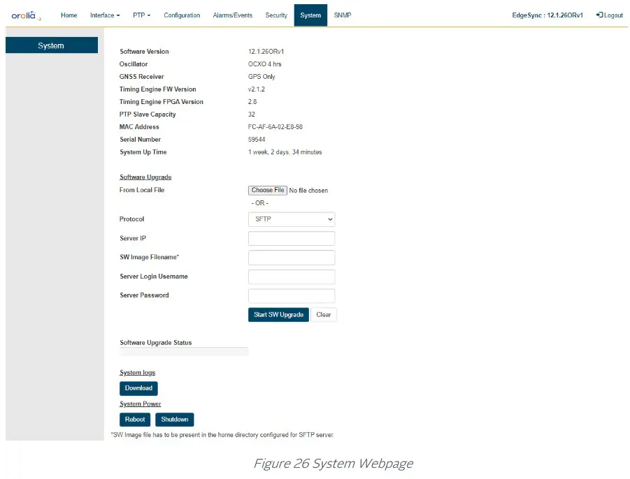orolia 100 925 02 EdgeSync Network Timing Edge Device - System Tab