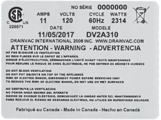 DRAIN VAC Pro X trak LIQUID EXTRACTOR - Metal tag