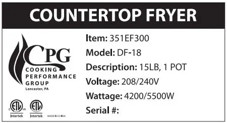 CPG 351EF300, 351EF302 Countertop Electric Fryers User Manual - Serial Plate