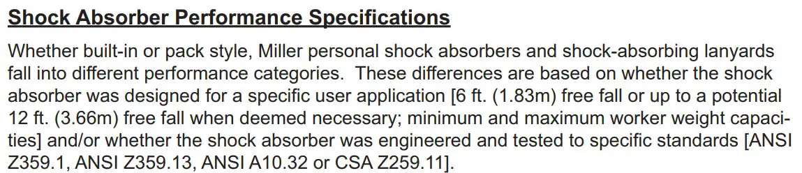 Miller 913BDO 6FTBL BackBitter Tie-Back Lanyard Instruction Manual - Shock Absorber Performance Specifications