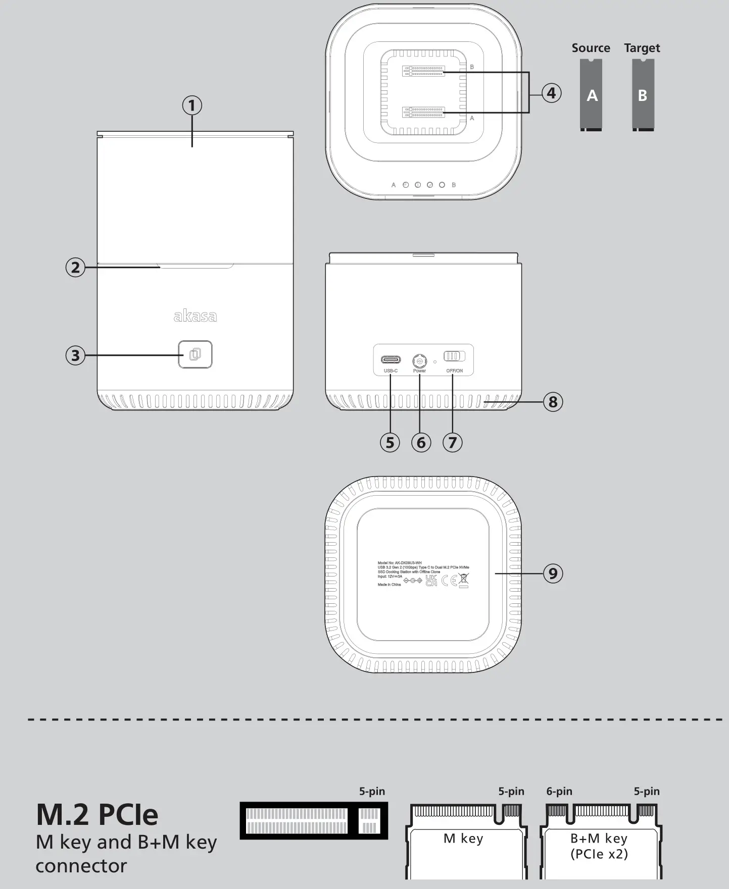 akasa AK-DK09U3-WH DuoDock MX Dual M.2 PCIe NVMe SSD Docking Station with Offline Clone - Layout