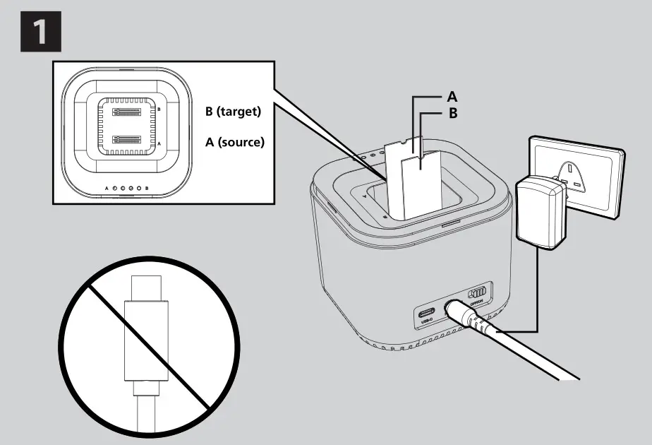 akasa AK-DK09U3-WH DuoDock MX Dual M.2 PCIe NVMe SSD Docking Station with Offline Clone - power connection