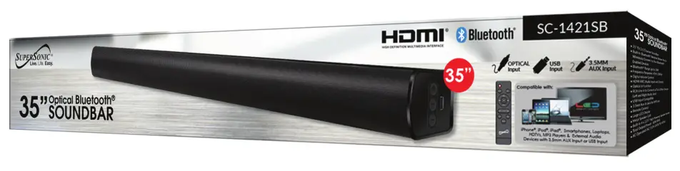 SUPERSONIC SC 1421SB 37 Inch Optical Bluetooth Soundbar - owered Speaker