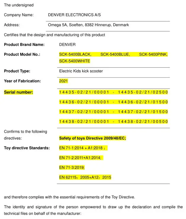 DENVER Electric Children's Scooter - EC Declaration of Conformity 1