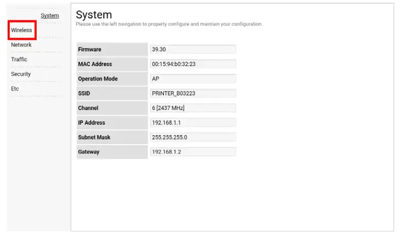 Select “Wireless” to change Wireless LAN mode