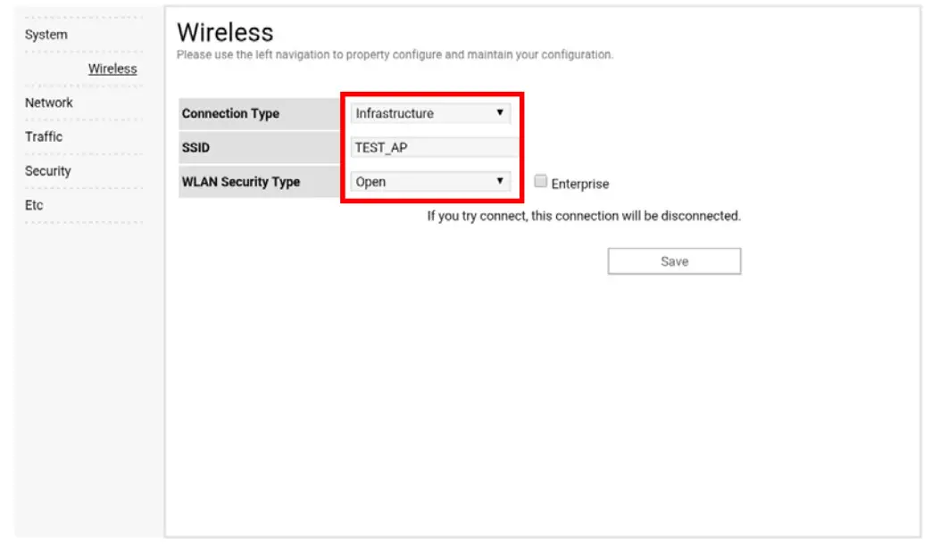 Select “infrastructure”, and set SSID, WLAN Security Type